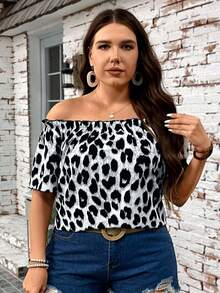 SHEIN LUNE Áo cánh hở vai tay ngắn họa tiết da báo cỡ lớn cho nữ mùa thu - Xám - Xem 6