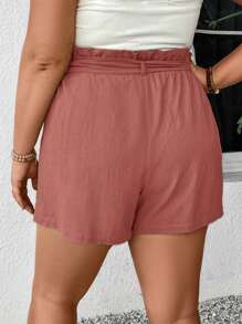 SHEIN Frenchy Plus Size Women Solid Color Ruffle Waist Tie Pocket Loose Casual Shorts