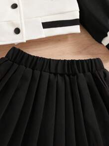 SHEIN 2pcs Young Girl Letter Print Long Sleeve Bomber Jacket & Pleated Skirt School Style Outfit, Spring/Autumn - Black and White - View 4