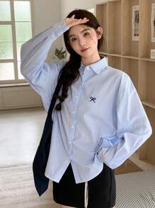 DAZY 女士春夏蝴蝶结条纹落肩长袖宽松休闲衬衫 - 粉色 - 查看 7