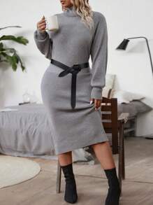 Calvaya Vestido de suéter de cuello alto de diseño ceñido a la cintura, de moda y sencillo en tallas grandes