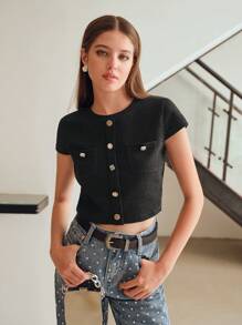 MOTF STUDIO 金色纽扣细节贴片口袋纹理短款 T 恤 - 黑色 - 查看 5