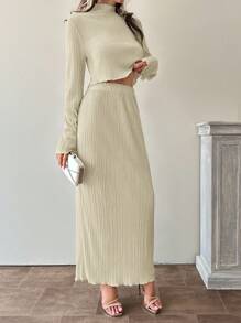 EURMUSE Langarm Set bestehend aus detaillierter plissierter modischer Bluse und Rock - Beige - Übersicht 4