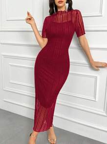 Modelyn 勃艮第红女士纯色拼布荷叶边下摆短袖修身开叉连衣裙长款晚礼服 - 酒紅色 - 查看 5