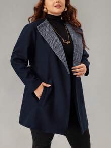 EMERY ROSE Cappotto invernale da donna taglie forti, elegante cappotto in lana con collo a bavero, maniche lunghe, cintura in vita, colore a contrasto - nero - Visualizzare 4