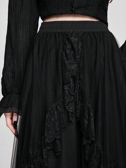 Goth Jupon à taille haute mi-longueur élégant et délicat avec garniture en dentelle et voile en couches pour femmes, style Renaissance