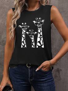 EMERY ROSE 女士休闲长颈鹿印花圆领背心 夏季 - 黑色 - 查看 2