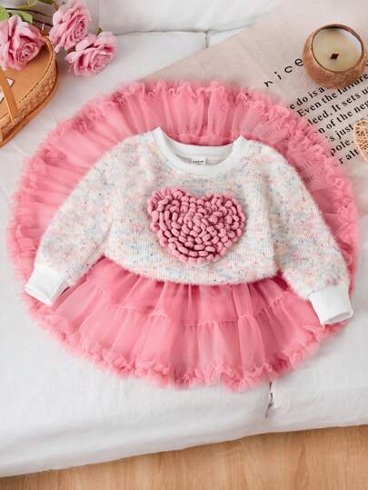 SHEIN Playful Pals 2pcs Baby Girl Heart Flower Knitted Sweater And Mesh Tulle Tutu Skirt Set