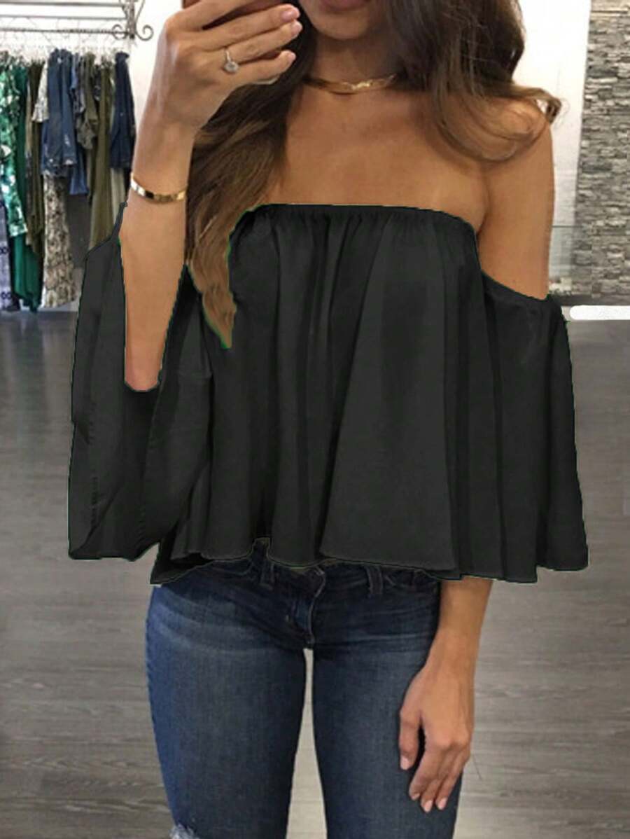 Breezaya 女士優雅純色露肩夏季上衣