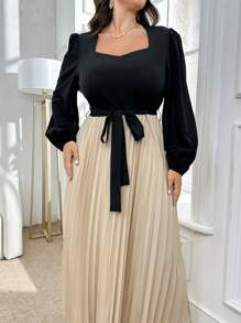 Mulvari 大码女式春秋撞色甜心领灯笼袖褶边优雅连衣裙，朴素连衣裙，适合日常休闲/度假/婚礼派对/晚会