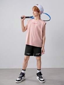 SHEIN Tween Boy Knitted Solid Color Letter Print Vest And Anti-Walk Shorts Sports Set - Multicolor - View 5