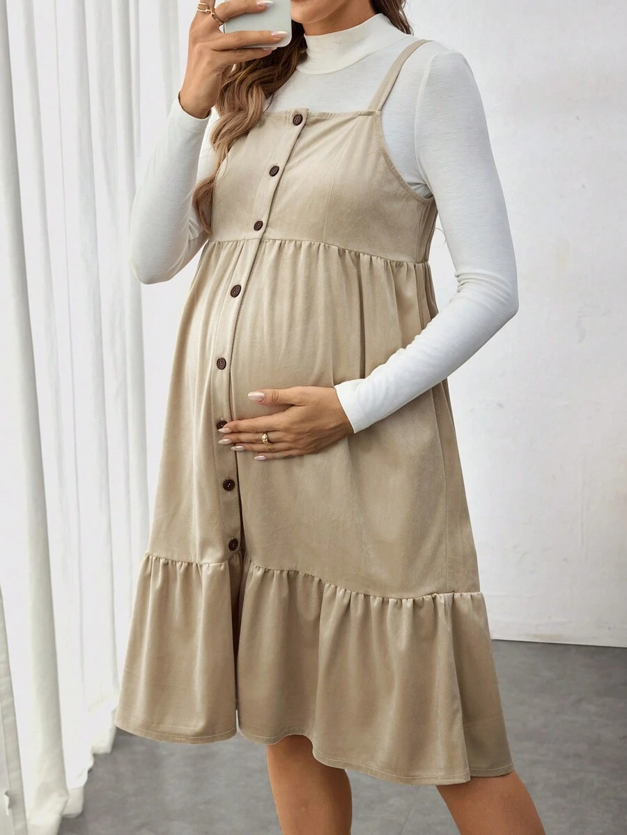 SHEIN Đầm bà bầu kaki không tay cài khuy viền xù - Màu Khaki - Xem 1