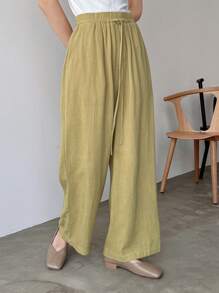 FRIFUL Women's Solid Color Drawstring Pocket Casual Pants Linen - Yellow - View 3