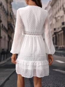 Chiquease 女士 V 领长袖精致灯笼袖蕾丝连衣裙