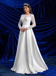 Glamrae Váy cưới dài tay ren và lưới mỏng bằng vải satin cổ thuyền lãng mạn, thanh lịch, lộng lẫy, màu trắng, có bèo nhún, hở lưng, thiết kế đuôi váy chữ A rộng cho váy cưới, váy cô dâu - trắng - Xem 7