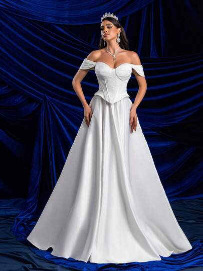 SHEIN Belle Elegant Glamorous Off-Shoulder 2 In 1 Set With Sequin Lace Bust Cup, Fish Bone Boning, A-Line Dress & High Slit, Sheer Lace Design, Suitable For Weddings, Parties, Galas & Informal Ceremonies, White Bridal Dress