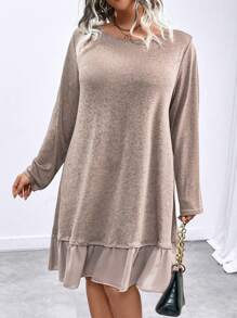 SHEIN LUNE Plus Size Women Spring Summer Solid Color Crew Neck Long Sleeve Loose Ruffle Hem Casual Dress - Pink - View 3