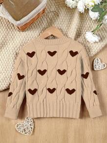 SHEIN Young Girl Cute Heart Pattern Textured Knitted Cardigan, Kids Heart Cardigan, Toddler Girl Cardigan, Baby Girl Knit Cardigan, Cute Heart Sweater, Brown Knit Cardigan - Khaki - View 2