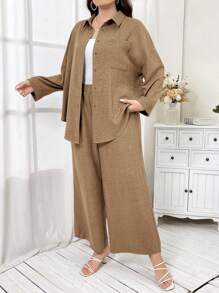 Mulvari 2 piezas Conjunto casual holgado de camisa de manga larga de hombros caídos y pantalones de unicolor para mujer talla grande, primavera y otoño
