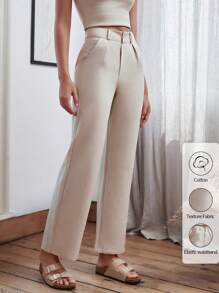 EURMUSE Quần ống đứng có túi xéo trơn cho nữ nhỏ nhắn - Màu be - Xem 1