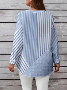 SHEIN LUNE Plus Size Women's Casual V-Neck Blue & White Stripe Button Down Long Sleeve Shirt, Suitable For Autumn - Blue and White - View 2