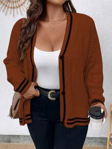 Calvaya Plus Size Casual Colorblock Striped Cardigan, Spring/Fall - Brown - View 1