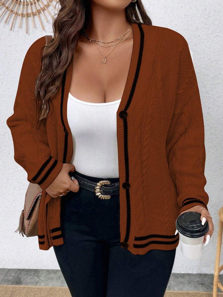Calvaya Plus Size Casual Colorblock Striped Cardigan, Spring/Fall - Brown - View 1