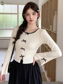 DAZY 女式休闲拼色蝴蝶结装饰喇叭袖 T 恤，秋季 - 米色 - 查看 4