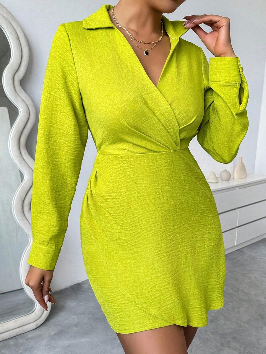 Chiquease Women's Solid Color Shirt Collar Long Sleeve Dress