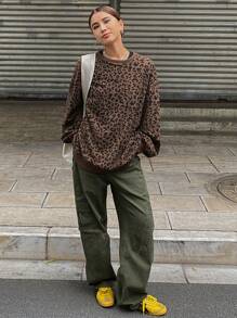 DAZY 女式豹纹超大圆领运动衫、长袖上衣 Y2K、秋装 - 棕色 - 查看 2