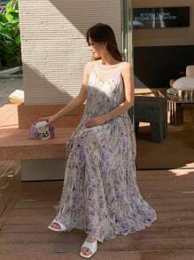 DAZY Vestido casual suelto de tiras de espagueti con volantes en el bajo y estampado floral para mujer