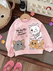 SHEIN Leap Crew Sudadera de cuello redondo con estampado de gato lindo y versátil para niña bebé, adecuada para la temporada de otoño invierno y regreso a la escuela - Rosa - Ver 1