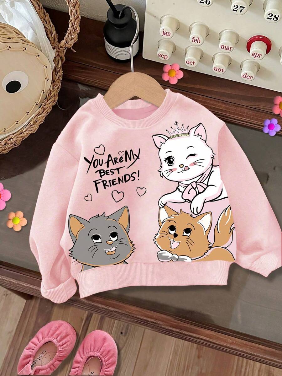 SHEIN Leap Crew Sudadera de cuello redondo con estampado de gato lindo y versátil para niña bebé, adecuada para la temporada de otoño invierno y regreso a la escuela - Rosa - Ver 1