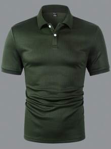 Manfinity Homme Men's Casual Solid Color Short Sleeve Polo Shirt For Commuting, Summer, Knitted Polo Shirt, Men's Textured Polo Shirt, Men's Short Sleeve Polo Shirt, Buttoned Polo Shirt - Army Green - View 3