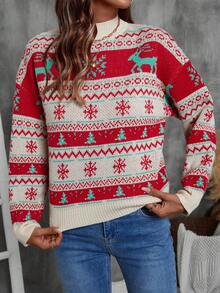 Chiquease Christmas Elk Pattern Long Sleeve Color Block Sweater, Casual Daily Wear - Multicolor - View 7