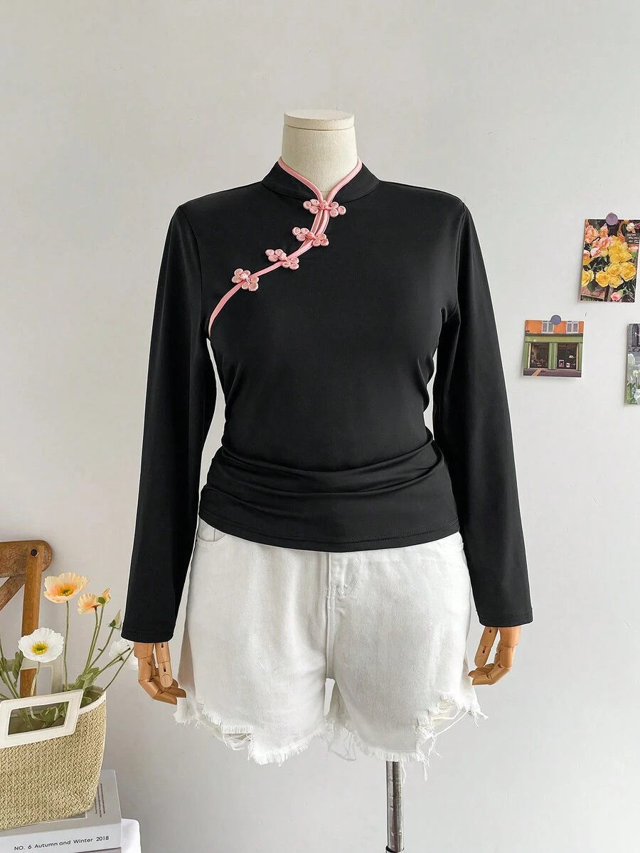 SHEIN Privé 大尺碼女性修身優雅長袖上衣，帶扣裝飾，適用於春夏季節 - 彩色 - 查看 1