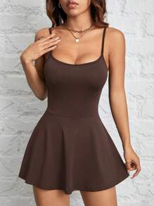 SHEIN PETITE Dây đeo nữ có viền màu trơn có thể bỏ túi thể thao và giải trí Quần Culottes một mảnh chống lộ hàng ngày - màu nâu - Xem 8