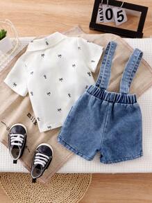 Summer New Baby Boy Gentleman Short Sleeve Shirt And Cool Denim Shorts Set - Blue and White - View 2