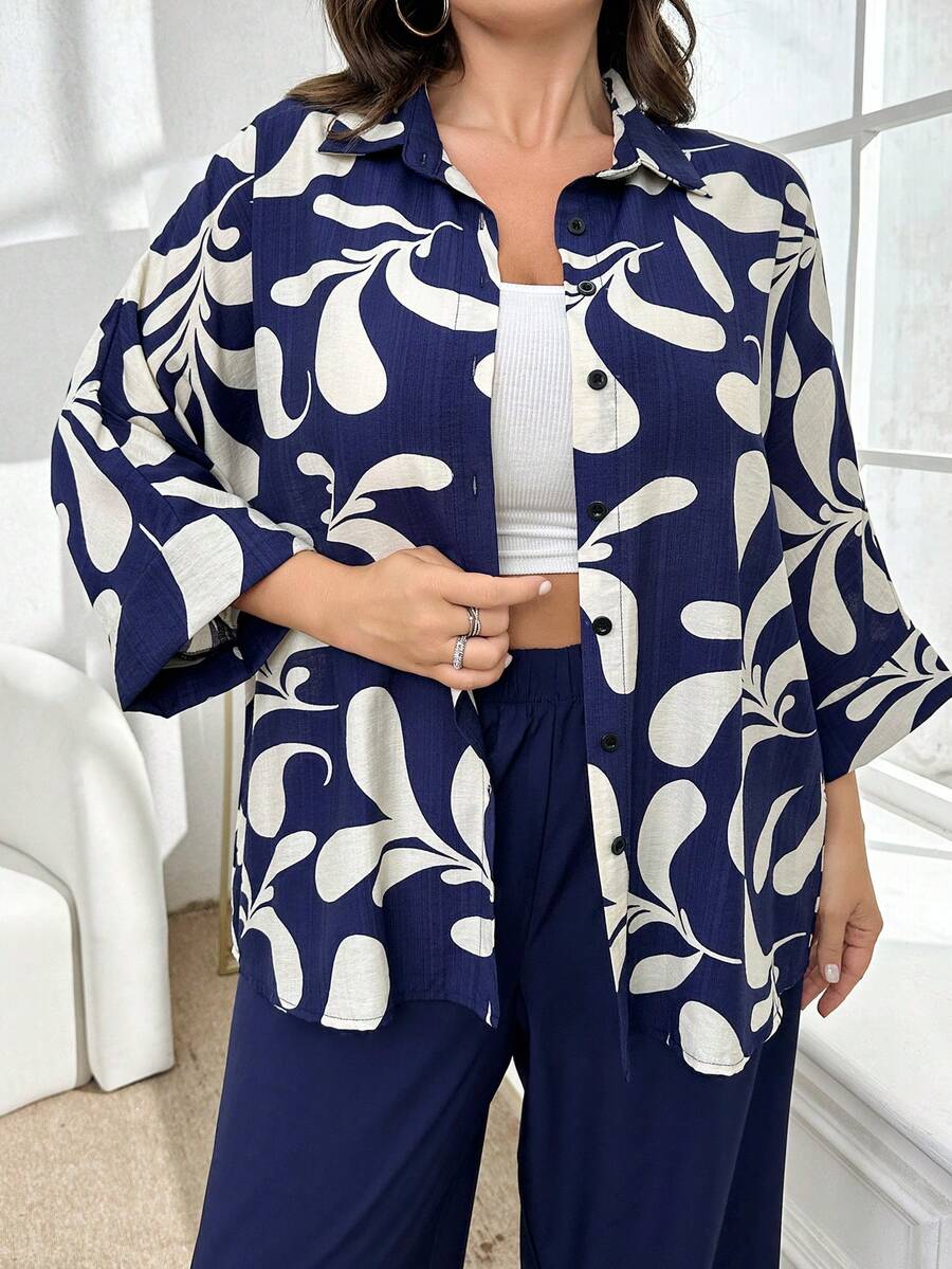 Mulvari Plus Size Women Plant Print Batwing Sleeve Shirt And Loose Casual Pants 2 Piece Set, Summer - Navy Blue - View 1