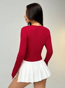 Muchica Áo thun nữ cổ tròn dài tay ôm sát quyến rũ ngọt ngào, áo thun nơ rỗng nhẹ nhàng - Màu Đỏ Sâu - Xem 2