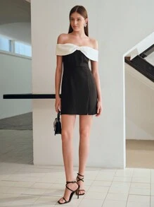 MOTF STUDIO 双色蝴蝶结翻领露肩短裙，新年装扮 - 黑與白 - 查看 4