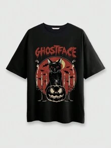 ROMWE Goth 女式哥特式深色南瓜、蝙蝠、猫印花图案宽松圆领 T 恤 - 黑色 - 查看 1