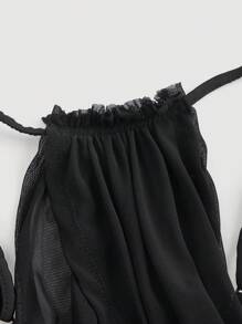 SHEIN MOD 杏色弹力网眼褶皱女式背心，夏季，黑色上衣 - 黑色 - 查看 4