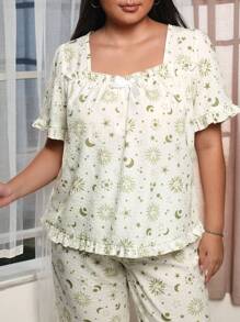 Brenda Ramalho Artist Plus Size Vacation Pajama Set, Square Neck Short Sleeve Top And All-Over Print Pants,Women Clothes,For Summer, Holiday