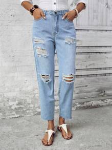 SHEIN LUNE Jeans de pierna entallada desgastados y lavados - Azul - Ver 4