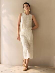 MOTF PREMIUM VÁY THÊU LƯỚI Xẻ LƯỚI THẲNG - Màu be - Xem 2