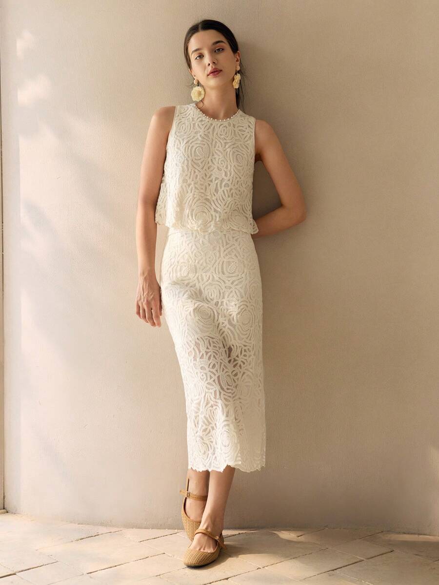 MOTF PREMIUM VÁY THÊU LƯỚI Xẻ LƯỚI THẲNG