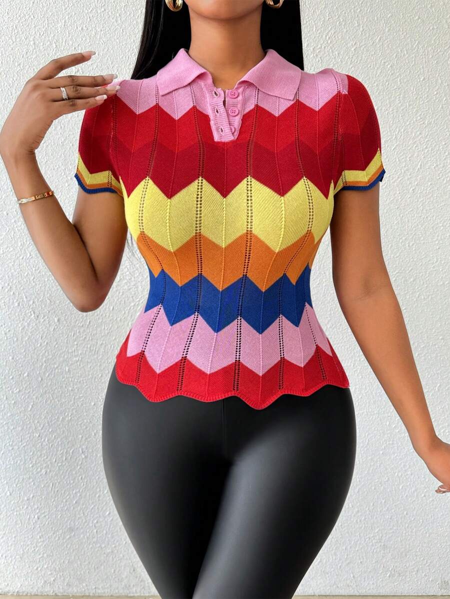 SHEIN Lady 彩虹条纹短袖女式毛衣 2024 秋季服装女式上衣 - 彩色 - 查看 1