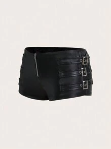 GloRilla x SHEIN ICON Y2k Black Tight Fit PU Low-Waist Decorated Ultra-Short Shorts Rave Festival Outfits