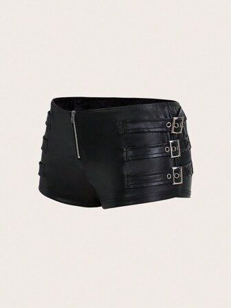 GloRilla x SHEIN ICON 紧身PU低腰装饰超短裤